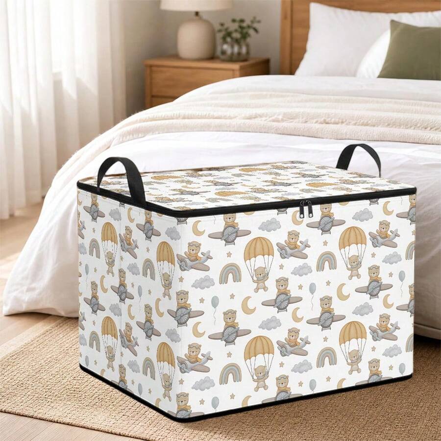 1PC Cute Pink Bow Print Foldable Flip-Top Zipper Storage Box, Sweet Bow Pattern Decorative Storage Box, Multi-Functional Household Organizer, Perfect For Storing Clothes And Miscellaneous Items, Suitable For Bedroom Wardrobe And Home Decoration. - Multicolor - View 1
