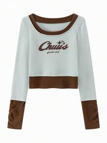 CHUU 女款字母印花 T-shirt 秋冬 2 合 1 拼接撞色修身打底短版上衣 - 藍色 - 查看 9