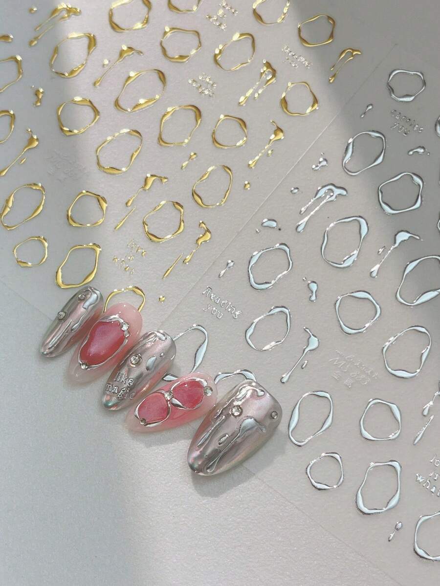 1片5D银色现代简约金属美甲贴纸,奢华心形美甲贴花,DIY自粘美甲贴纸,美甲用品 - 銀色 - 查看 1