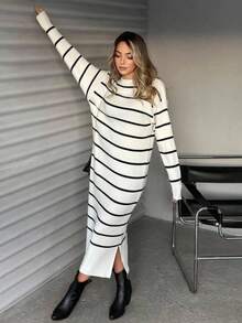 Women's Striped Long Sleeve Dress - White - View 3