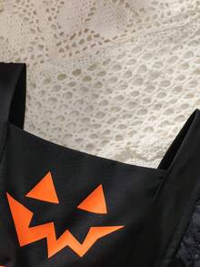 Infant Girls Halloween Outfit Set, Lace Trim Flutter Sleeve Pumpkin Ghost Face Star Print Bodysuit With Bow Decorated Hat, 2 Pieces Summer Set - Multicolor - View 4
