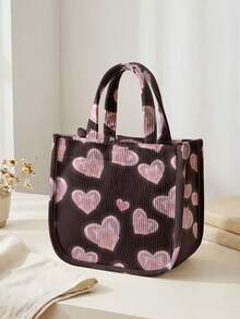1pc Love Print Corduroy Tote Bag, Snap Button Closure Cute Handbag, Reusable Lunch Tote Bag For Student School Daily Outdoor Shopping Use - Multicolor - View 13