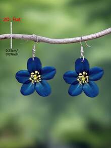 1對2D扁平優雅深海藍百合花紋壓克力吊墜耳環，適合女性日常配戴 - 藏蓝色 - 查看 2