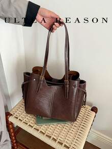 1pc Solid Color PU Leather New Women's Bag, Shoulder Bag, Tote Bag, Autumn/Winter New Style, Zipper Closure, Fashionable Square Handbag, Suitable For Commuting, Shopping, Dating - Coffee - View 3