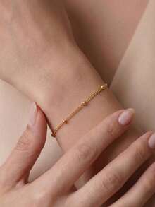 1pc Fashionable Golden Stainless Steel Waterproof Linked Bracelet Minimalist Silvery Versatile Bead Chain Hand Jewelry For Woman Daily Wear - Bracelet - View 1