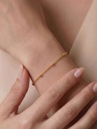 1pc Fashionable Golden Stainless Steel Waterproof Linked Bracelet Minimalist Silvery Versatile Bead Chain Hand Jewelry For Woman Daily Wear
