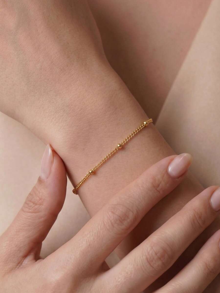 1pc Fashionable Golden Stainless Steel Waterproof Linked Bracelet Minimalist Silvery Versatile Bead Chain Hand Jewelry For Woman Daily Wear - Bracelet - View 1