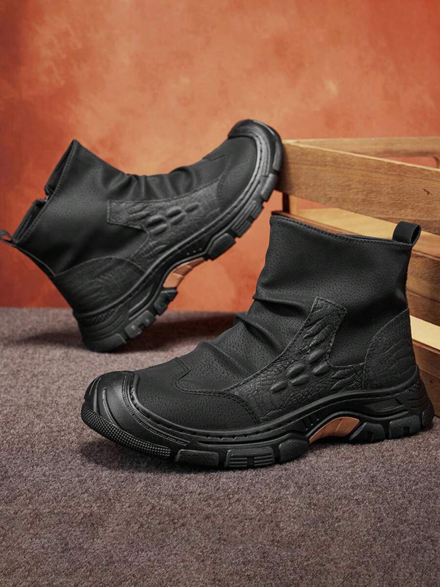 GAISIMA Sepatu Bot Kerja Pria dengan Motif Patchwork Timbul, Resleting Samping, Sol Tebal, Gaya Retro Taktis, Sepatu Bot Setinggi Mata Kaki, Cocok untuk Mendaki Gunung, Aktivitas Luar Ruangan, Pakaian Musim Gugur/Dingin - Hitam - View 1