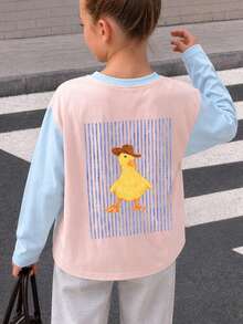 Tween Girl 1pc Printed Patchwork Contrast Color Long Sleeve T-Shirt, Suitable For Tween GirlsAutumn/Winter Top, Young Student Children's Clothing, Suitable For Outerwear And Inner Layer - Pink - View 3