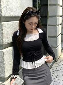 2 in 1 Colorblock Patchwork Long Sleeve TShirt Ballet Style Top Casual Black - Hitam - View 4