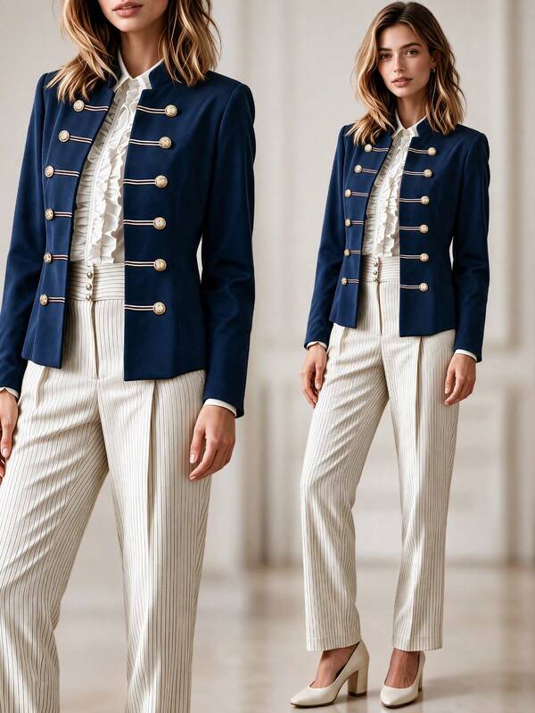 Women's Blue Woven Fabric Military Style Blazer Jacket With Faux Buttons, Fashion Long Sleeve Regular Fit Fall