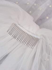 1pc Multi-Layer Tulle Faux Pearl Decor Short Veil With Hair Comb, Bridal Wedding Ceremony, Bachelorette Party, Wedding Photography Accessory - White - View 6