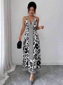 Women's Fashion Elegant French Style Spaghetti Strap V-Neck Tie Back Open Back Ditsy Floral Dress - Black - View 1