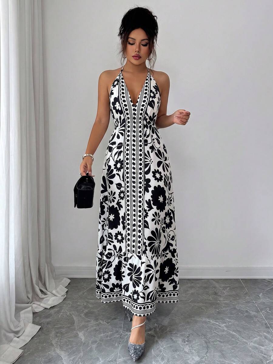 Women's Fashion Elegant French Style Spaghetti Strap V-Neck Tie Back Open Back Ditsy Floral Dress - Black - View 1