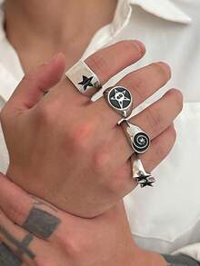 Xiacheng 4/9Pcs Chunky Thick Billiards Black Eight Layered Finger Rings Set Gothic Punk Y2K Stackable Knuckle Band Rings Silver Stars Jewelry For Women Men - Multicolor - View 6