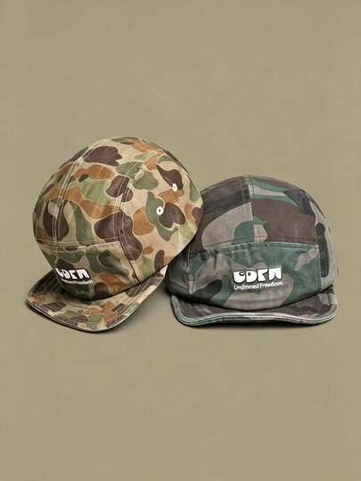 Camo Soft Brim 5-Panel Hat Unisex Niche Cartoon Letter Embroidery Short Brim Baseball Cap Casual Sunshade Baseball Cap