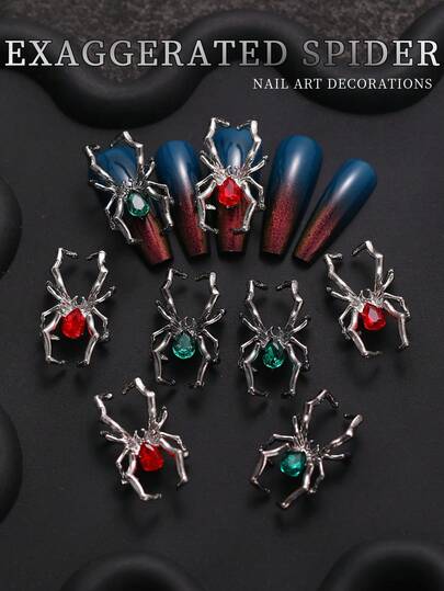 10 piezas de decoración de uñas de araña grande 3D vintage de Halloween, adecuado para diseño de uñas, decoración de uñas roja y verde, accesorios de salón de uñas, suministros de uñas de atmósfera gótica, perfecto para arte de uñas DIY y uso en salón de uñas, gemas de uñas, materiales de uñas