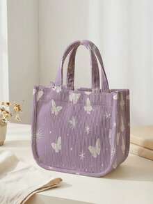 1pc Butterfly Print Corduroy Tote Bag, Snap Closure Cute Handbag, Reusable Student School Daily Outdoor Shopping Lunch Bag - Multicolor - View 7