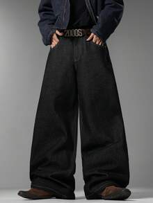 Men's Korean Wide Leg Jeans, Simple Style With Flap Back Pockets, Fashion Versatile Comfort Casual All-Season Pants (No Belt & Accessories) - Black - View 6