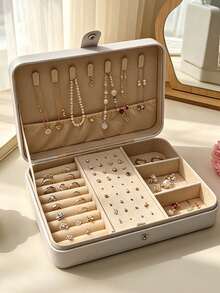 1pc Large Capacity Jewelry Box, PU Leather Jewelry Box, Portable Travel Jewelry Storage Box, Multi-Layer Jewelry Display Box, Compact Earring & Ring Box, Jewelry Organizer, Women's Gift Box, Travel Essential - Multicolor - View 14