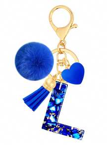 Cute A-Z Initial Keychain With Royal Blue Pom Pom, Heart And Tassel, Minimalist Personalized Key Chain For Women, Bag Charm, Daily Wear Accessory And Gift - Royal Blue - View 29