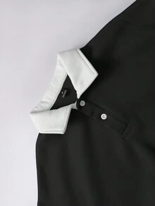 Men's Colorblock Polo Collar Fleece Sweatshirt, American Retro Loose Fit Warm Long Sleeve Commuter Versatile Black Pullover - Black - View 4