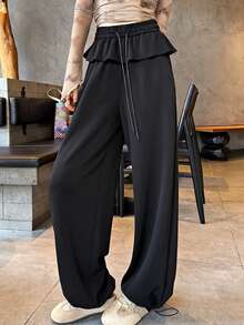 Autumn New Ruffle Hem Premium Lazy Casual Sweatpants For Women, Draped Slimming Wide Leg Straight Leg Pants - Black - View 8