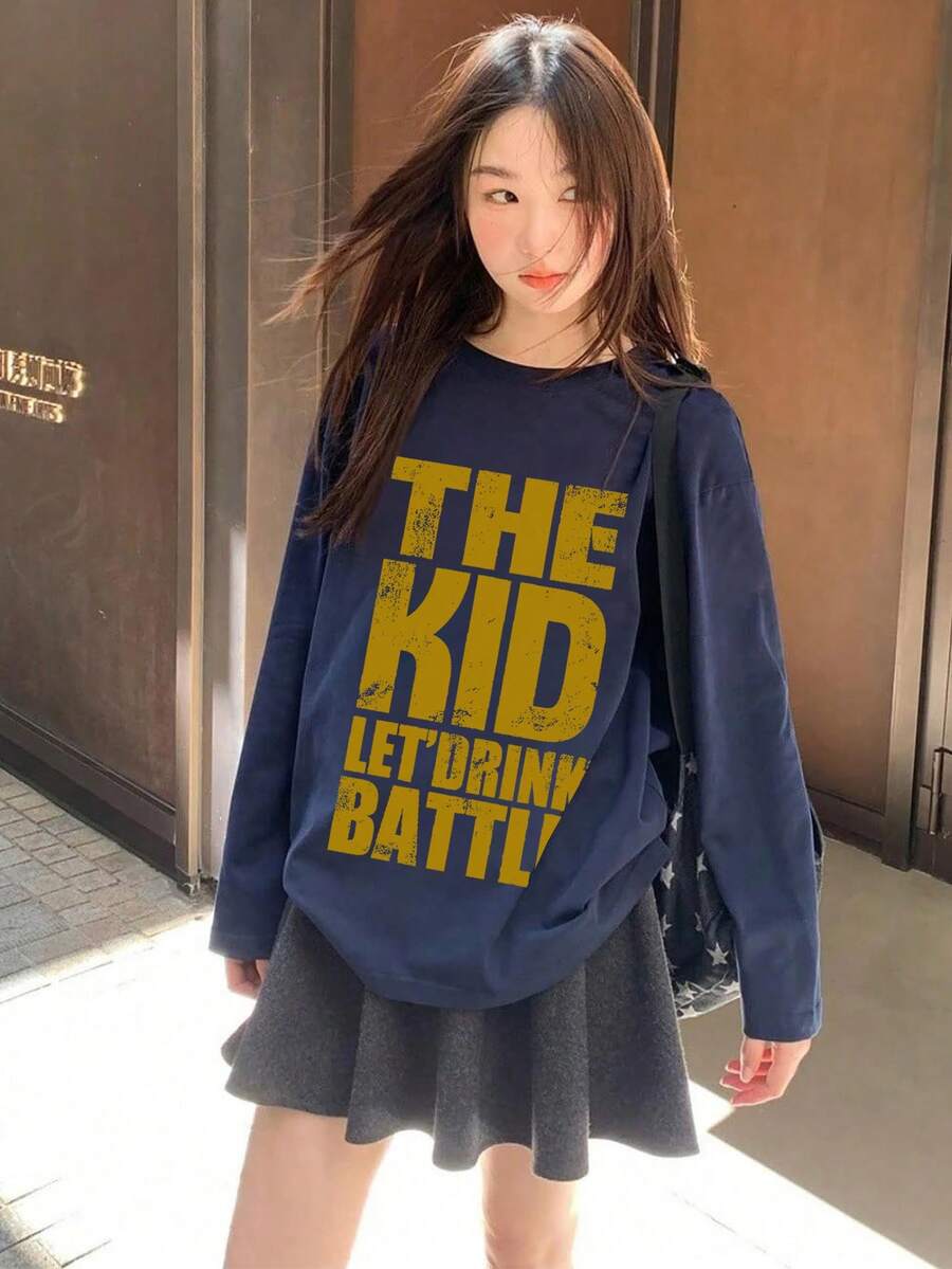 Women's Spring/Autumn Loose Fit Versatile Round Neck Fashion Casual Letter Print Long Sleeve T-Shirt - Navy Blue - View 1