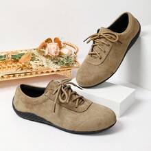 Women's Soft Sole Suede Lace-Up Casual Shoes, Round Toe, Flat Heel, Comfortable, Lightweight, Retro, Spring/Autumn, Daily Commute Shoes - Khaki - View 7