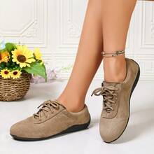 Women's Soft Sole Suede Lace-Up Casual Shoes, Round Toe, Flat Heel, Comfortable, Lightweight, Retro, Spring/Autumn, Daily Commute Shoes - Khaki - View 4