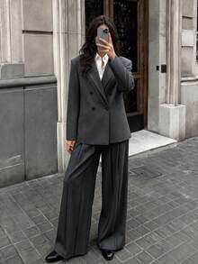 Women's Autumn/Winter Fashion Commute Lined Double-Breasted Padded Shoulder Loose Long Sleeve Blazer & Pleated Wide Leg Pants Set - Dark Grey - View 5