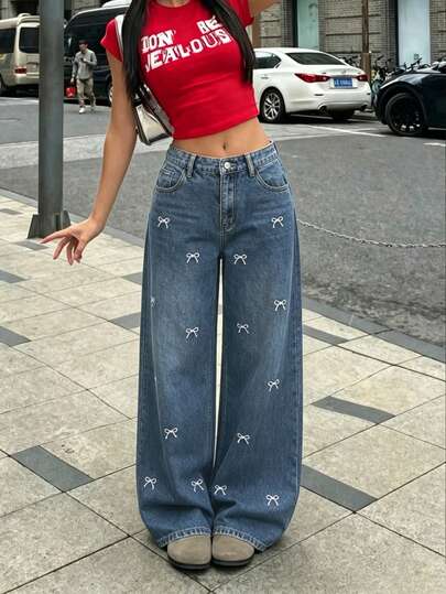 Tween Girls' Casual Fashion Bow Embroidery Denim Jeans