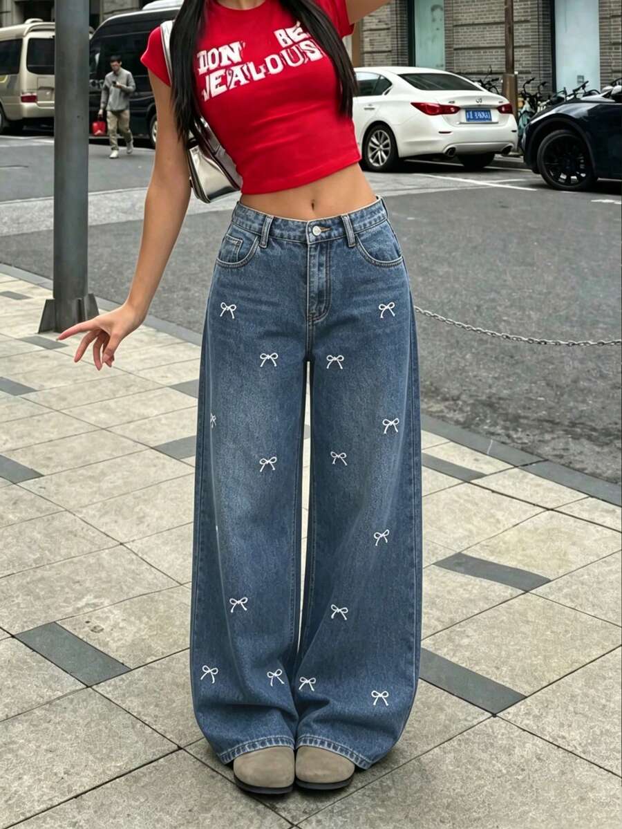 Celana Jeans Denim Bordir Pita Gaya Kasual untuk Remaja Putri - Biru - View 1