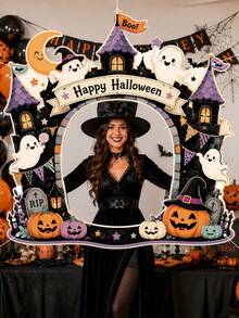 Halloween Photography Props, Fun Polyester Hollow Out Party Props, Equipped With Witch Magic Jars, Ghost Castles, Black Cats, Interactive Photo Booth Decorations, Suitable For Trick Or Treat Parties, Halloween Party Decorations, And Home Decor Items - A - View 2
