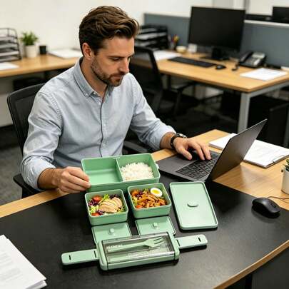 Double Layer Compartment Bento Box, Leakproof Microwave Lunch Container With Built-In Spoon & Fork, 1400ml Portable Food Box For Student Office Picnic