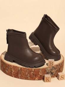 Girls' Vintage Maillard Brown Back Zipper Thick Sole Ankle Boots, Suitable For Autumn/Winter Daily Wear, Vintage Outfits And Party Outings - Brown - View 4