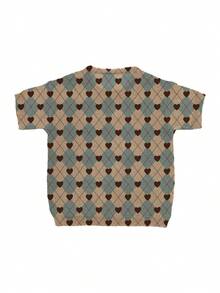 ADFHP Women's Summer Lightweight Breathable Short Sleeve Knit Top, Vintage Collegiate Style Argyle Heart Print, Loose Drop Shoulder Drapey Versatile Blouse - Multicolor - View 4
