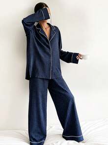 2pcs Classic Plaid Lapel Front-Opening Long Sleeve Pants Pajama Set, Simple Casual Women's Sleepwear - Navy Blue - View 2