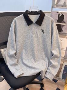 1pc Tween Boys Casual Versatile Preppy Style Colorblock Design Pony Logo Print Fleece Long Sleeve Polo Sweatshirt, Autumn/Winter - Grey - View 2