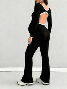 Parara Maternity Jumpsuit, Black Long Sleeve Square Neck Slim Fit Long Length Maternity Jumpsuit, Suitable For Autumn Wear. - Black - View 3