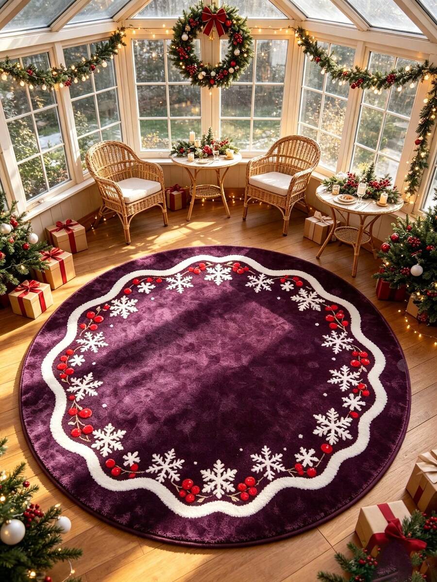 1pc Round Purple & Gold Christmas Tree Pattern Printed Carpet, Fashion Home Decor Carpet, Commercial Decor Carpet, Living Room Carpet, Sofa Mat, Bedroom Carpet, Bedside Rug, Door Mat, Coffee Table Mat, Suitable For Mall, Cafe And More Scenes, Soft And Non-Shedding, Decorative Carpet, Bedroom Decor, Small Carpet, Carpet, Home Decor, Living Room Carpet, Living Room Small Carpet, Bedroom Carpet, Living Room Home Decor - Multicolor - View 1