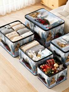 Christmas Foldable Storage Box With Zipper Lid, Collapsible Zipper Storage Bin With Lid And Handles, Large Capacity Clothing And Bedding Organizer Box With Handles, Christmas Tree And Red Truck Pattern Blanket Storage Box - Multicolor - View 5