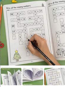 32-Page Math Puzzle Workbook, Fill-In-The-Blanks Within 20, Mental Math Addition Subtraction Multiplication Division, Brain Training Activity Book With Answers, Preschool Kindergarten Home Education Learning, Educational Back To School Gift - A - View 2