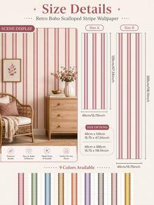 SUPSTICKER Retro Boho Scalloped Stripe Wallpaper, Removable Matte Finish, 40x120cm/40x300cm, For Bedroom, Living Room & Entryway - 1PC - View 3