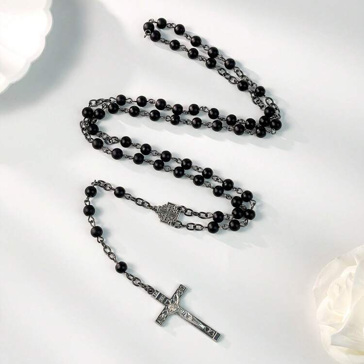Black Matte Agate Handmade Beaded Catholic Rosary Necklace With Cross Pendant, Women's Sweater Chain, Prayer Necklace, Spiritual Gift - Black - View 7