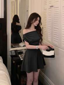 法式性感不對稱領女款夏季優雅修身A字短洋裝，黑色 - 黑色 - 查看 6
