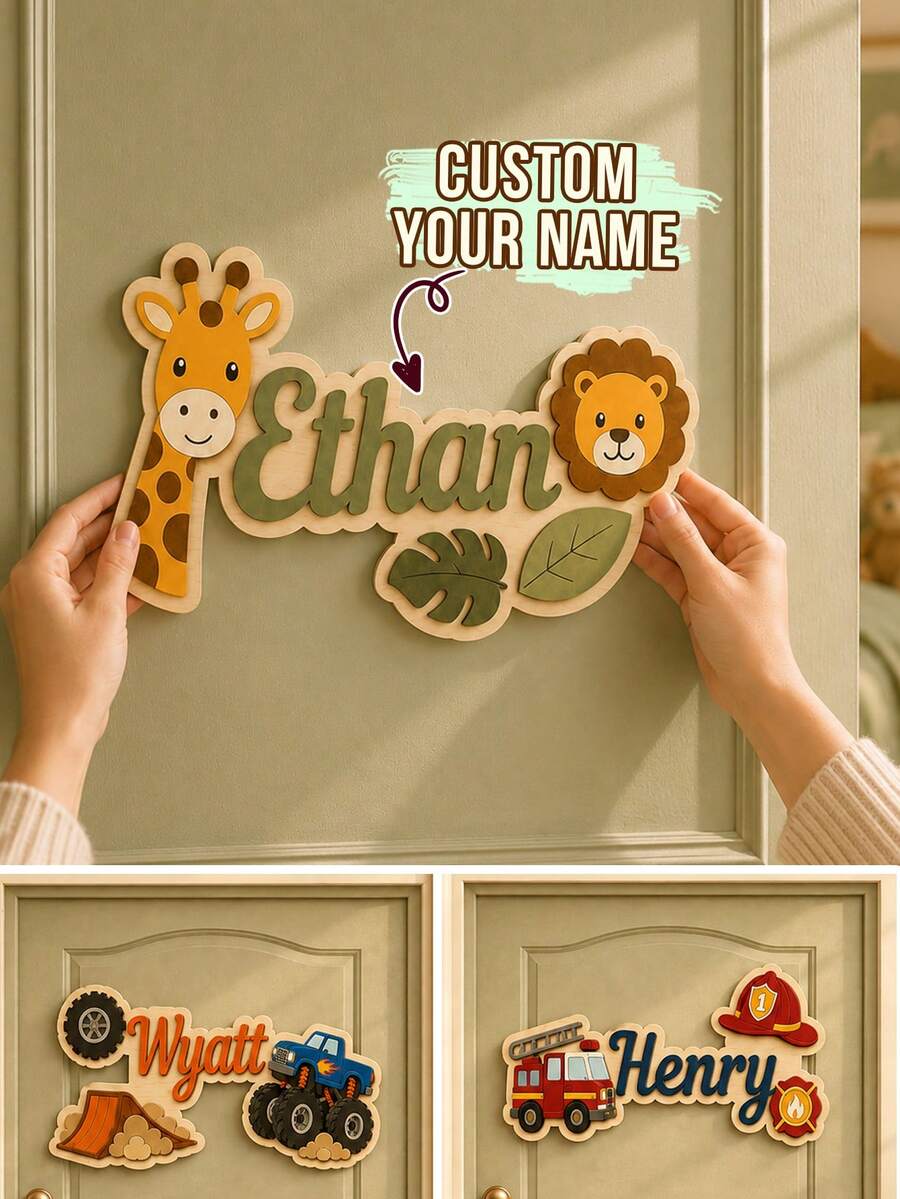 Custom Name Door Sign, Personalized Room Decor, Customized Wooden Plaque, Customizable Christmas Gift For Bedroom Wall, Kids Room Decor, Boy, Girl - Style B - View 1