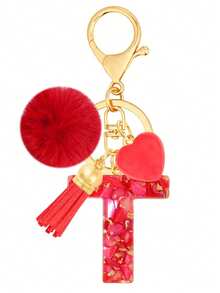 Cute Initial Red Heart Gold Foil Stone Tassel Pom Pom Keychain Resin Drip Glue Minimalist Personalized Key Chain For Women Bags Daily Wear And Gift - Red - View 17