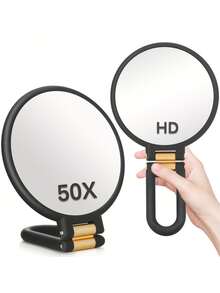 50X Magnifying Travel Hand Mirror With Handle, Double-Sided Hand Mirror, 10X/50X Magnification, Adjustable Handle/Stand, Foldable Travel Makeup Mirror, High Cost-Performance, Suitable As Christmas Gift, Cosmetics, Makeup Tools - Multicolor - View 2