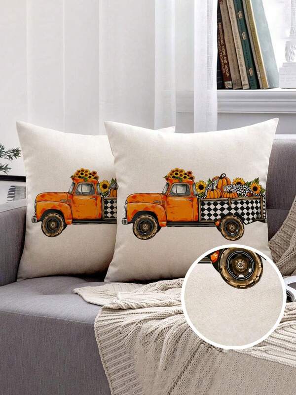 2 pezzi, Federa per cuscino vintage minimalista con camion autunnale, Decorazione per la casa, Regalo, Materiale in poliestere, Cerniera nascosta, Senza imbottitura, Adatto per la decorazione della casa, Decorazione del soggiorno, Federa per cuscino, Copricuscino, Cuscino decorativo per divano, Copricuscino, Federa per cuscino lombare
